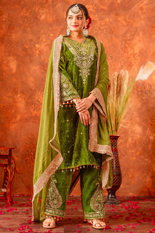 Olive Green Straight Pant Velvet Suit With Zari Work
