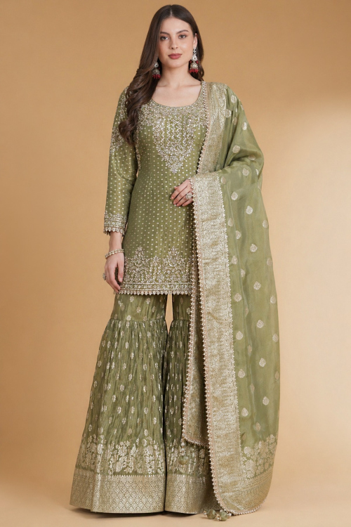 green and gold indian dress Green Net Satin