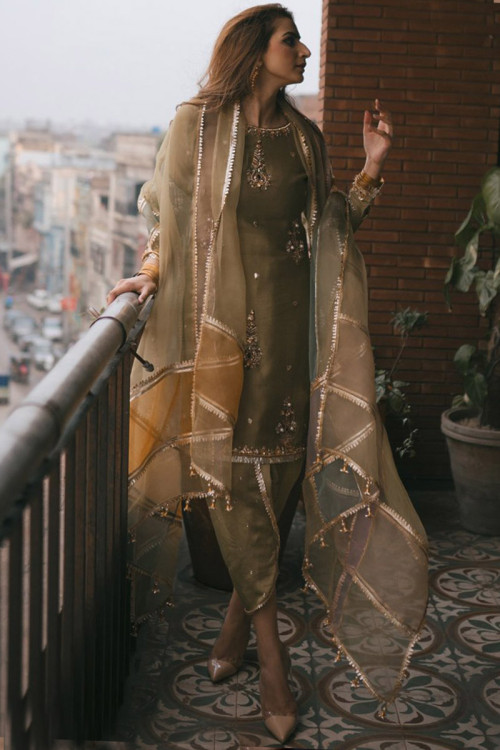 Arif silk house (bridal & party wear dresses) - Design number:H 14 Rose  Gold Colour PartyWear Dress made on Tissue Fabric with Golden Antique ,  Resham , French Node and Kacha Work