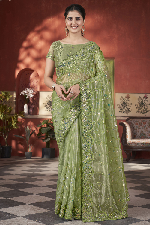 Olive Green Tissue Embroidered Light Weight Saree