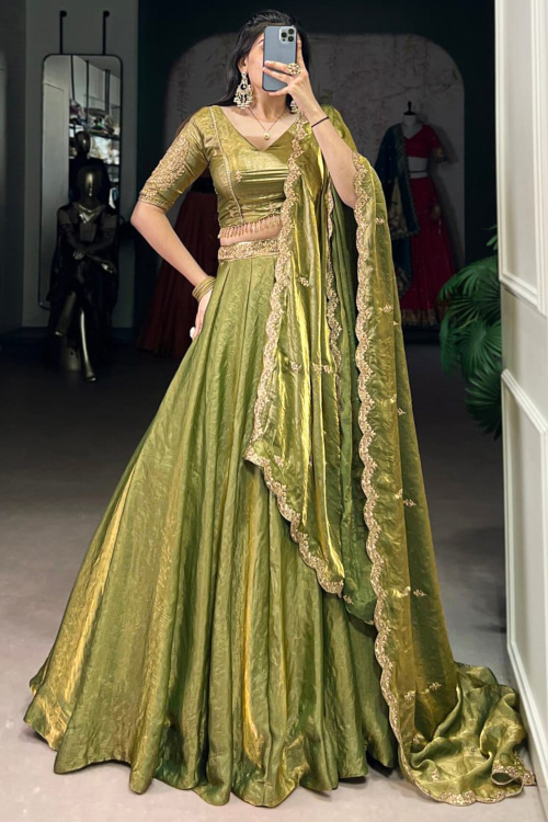 Olive Green Tissue Lehenga With Sequins Work For Mehndi 