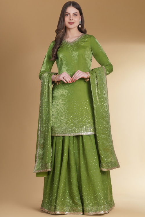 Eid 2026 Olive Green Hand Embroidered Palazzo Suit – Pakistani Festive Salwar Kameez