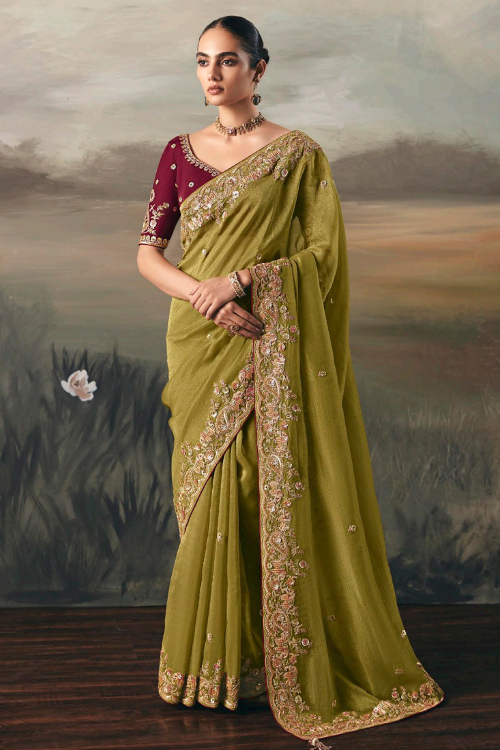 Olive Green Tissue Silk Zari Embroidered Shimmer Saree 