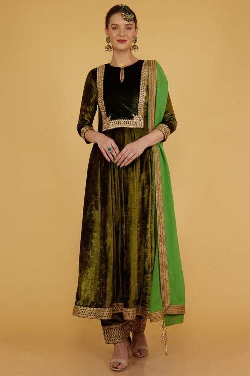 Olive Green Velvet Embroidered Anarkali Suit