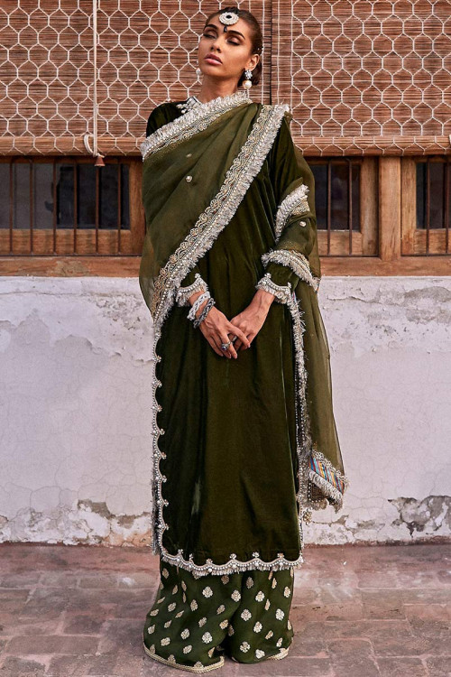 Olive Green Velvet Embroidered Sharara Suit