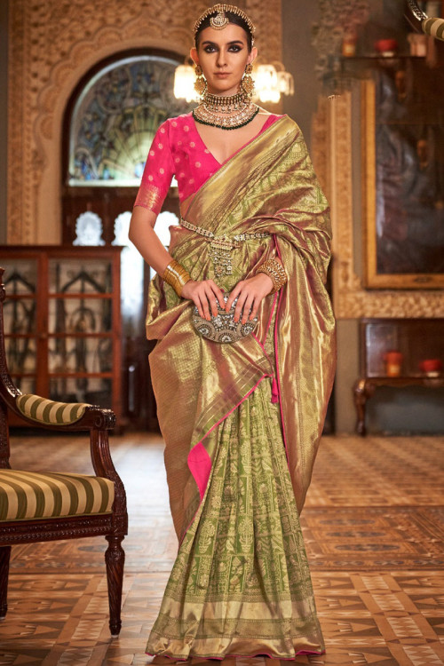 Olive Green Weaved Zari Banarasi Silk Traditional Saree 