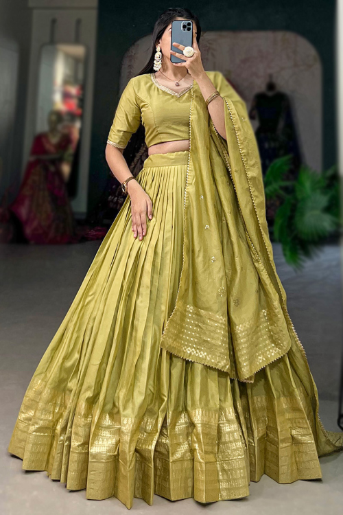 Olive Green Weaved Zari Chanderi Lehenga For Mehndi 