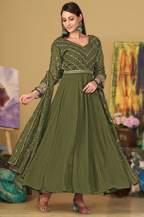 Olive Green Zari Embroidered Georgette Anarkali Suit For Mehndi 
