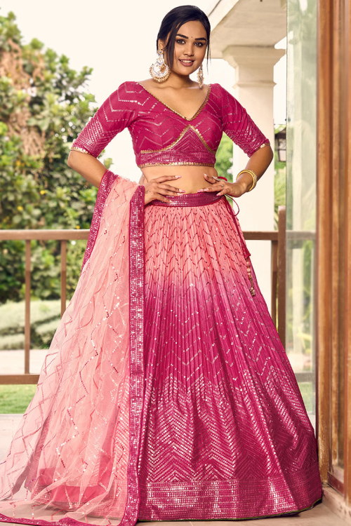 Ombre Printed Chinnon Cerise Pink Flared Style Lehenga