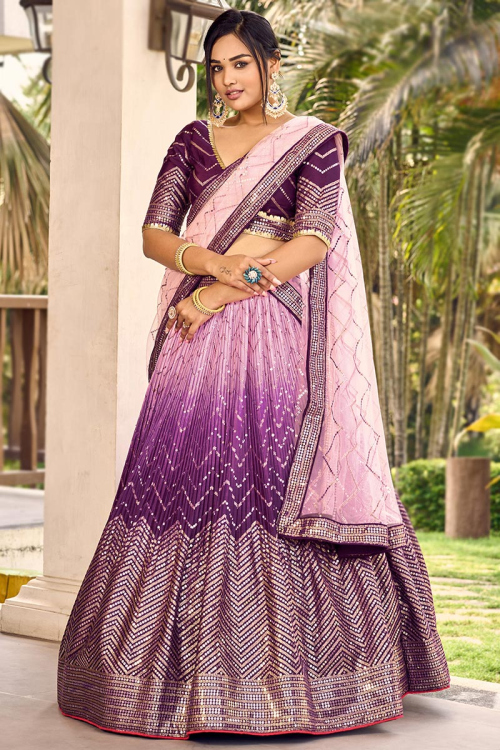 Ombre Printed Chinnon Purple Flared Style Lehenga