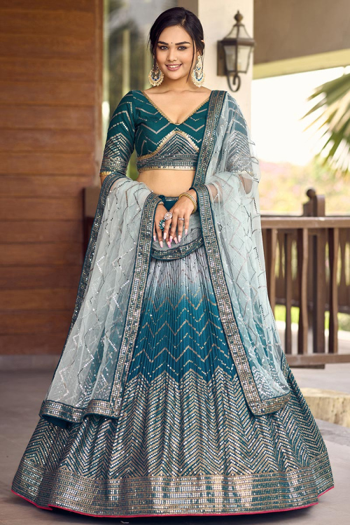 Ombre Printed Chinnon Sea Blue Flared Style Lehenga
