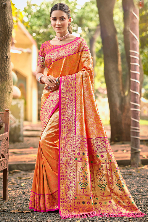 Orange Art Silk Broad Border Saree With Weaved Work