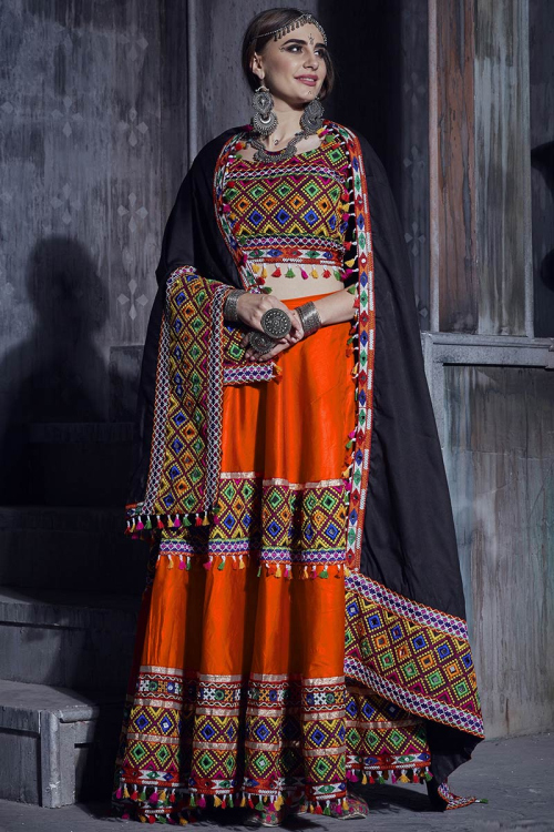 Orange Art Silk Embroidered Lehenga