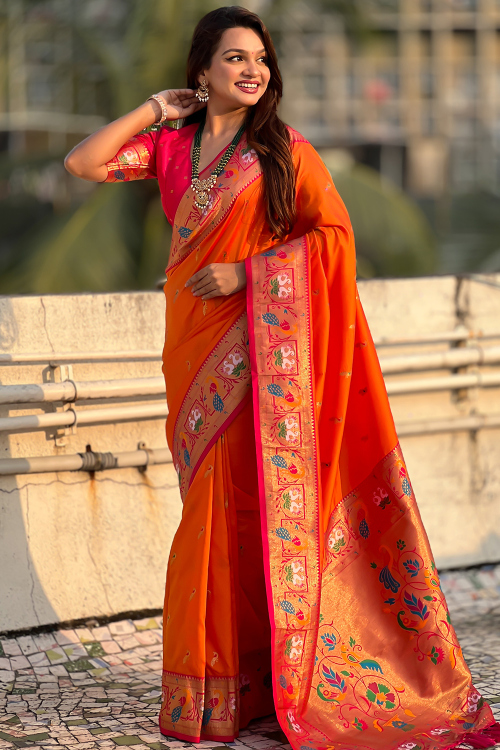 Orange Art Silk Paithani Saree with Weaved Work For Wedding