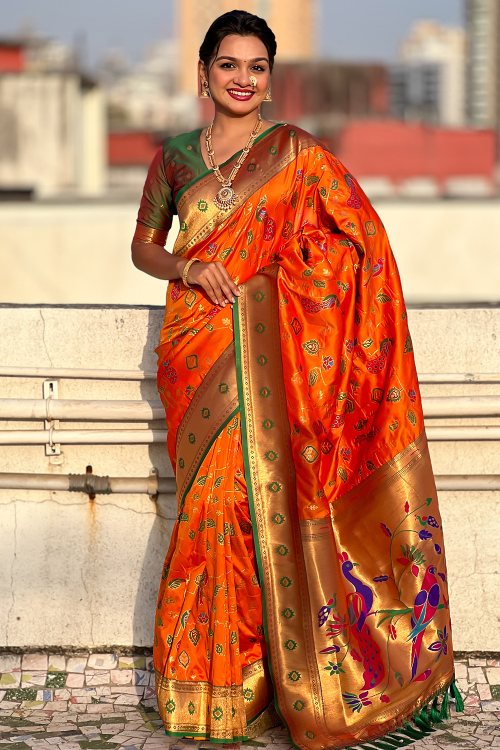 Orange Art Silk Saree With Weaved Work For Festival