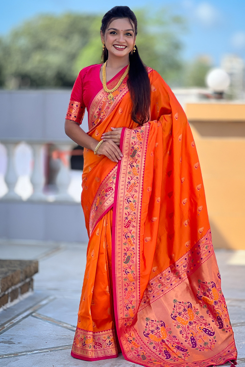 Orange Art Silk Weaved Paithani Saree 