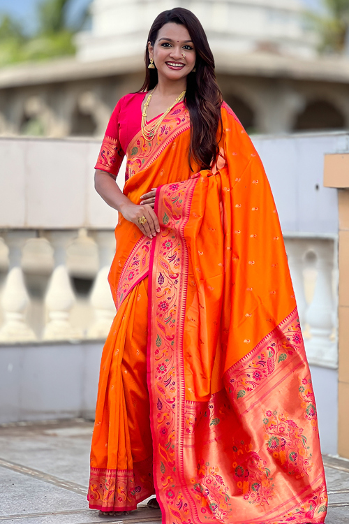 Orange Art Silk Weaved Paithani Saree 