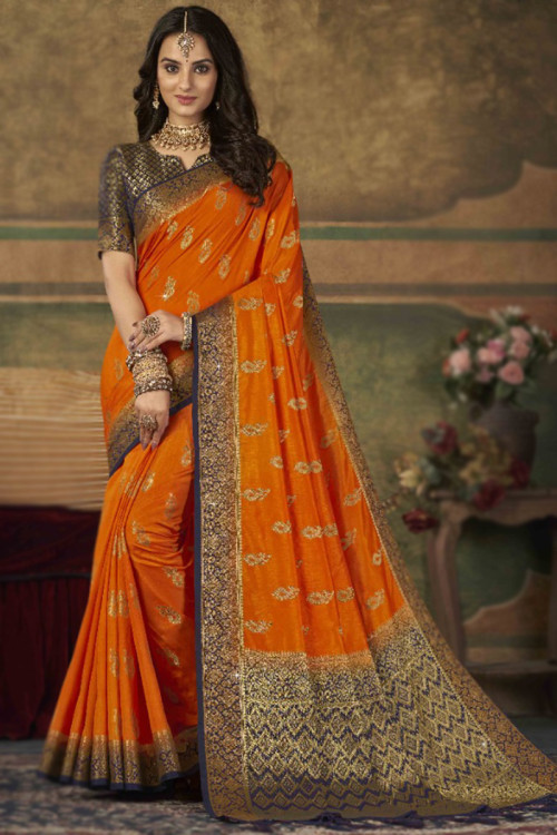 Orange Art Silk Woven Zari Broad Border Saree 