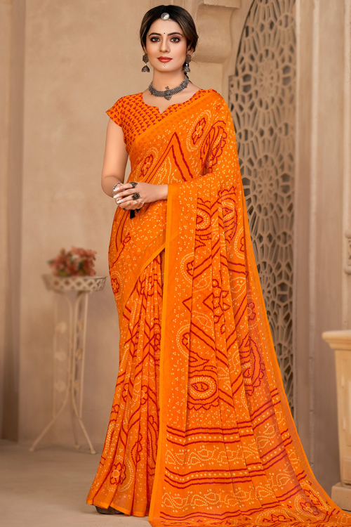 Orange Bandhej Printed Chiffon Casual Wear Saree