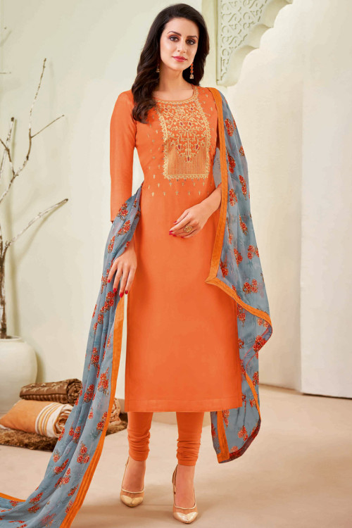 Orange Chanderi Cotton Straight Cut Indian Churidar Suit