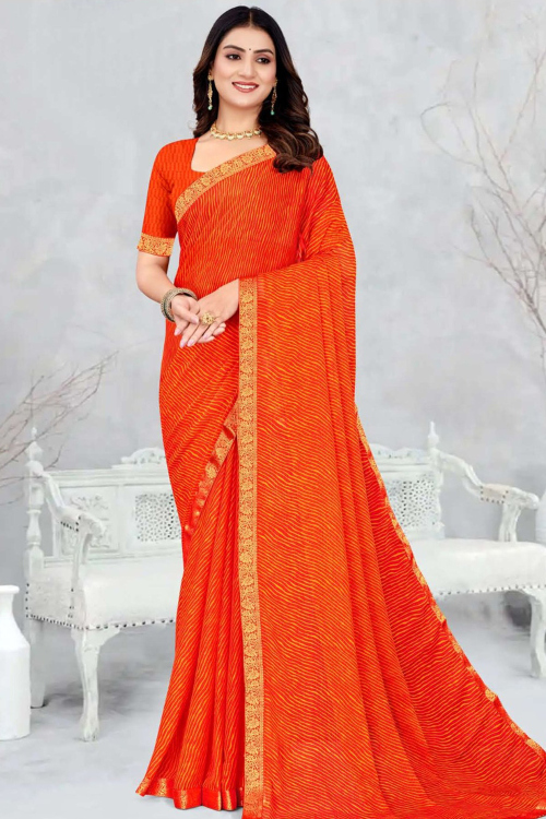 Orange Chiffon Printed Casual Wear Saree