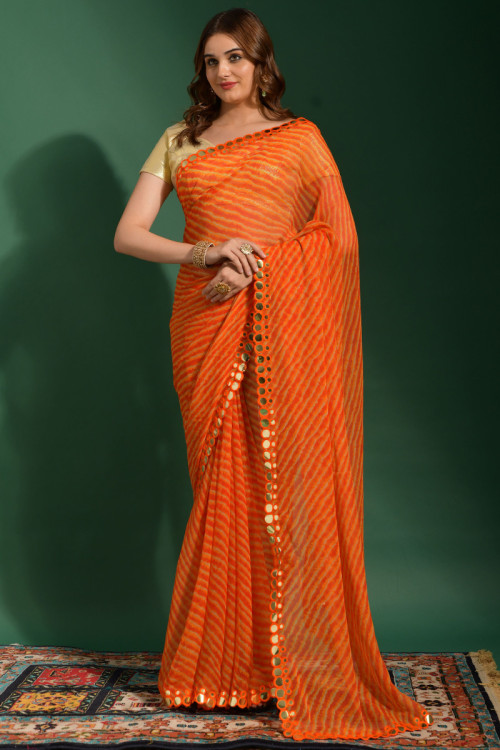 Party Wear Printed Orange Saree in Chiffon