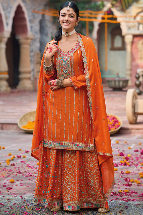 Orange Chinnon Embroidered Ready to Wear Straight Cut Palazzo Suit