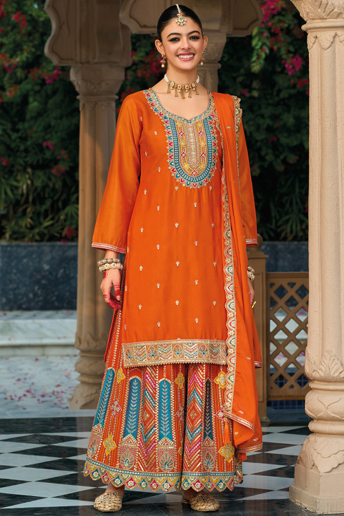 Orange Chinnon Palazzo Pant Suit with Dori Work for Diwali