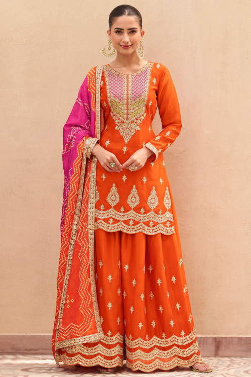 Orange Chinnon Palazzo Suit With Dori Work For Festival