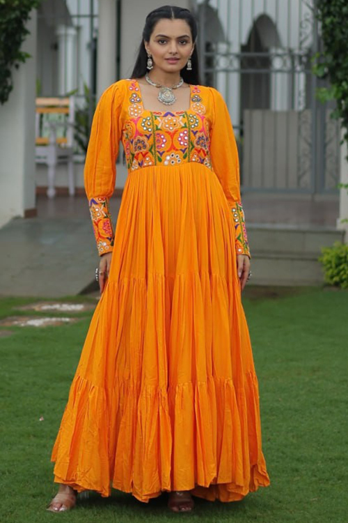 Orange Cotton Anarkali Gown With Resham Thread Work