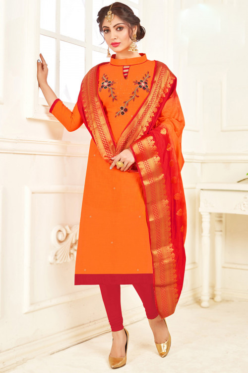 Orange Cotton Beads Embroidered Casual Wear Churidar Suit 