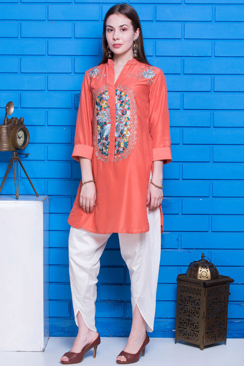 Orange Cotton Dhoti Pant Suit With Resham Work