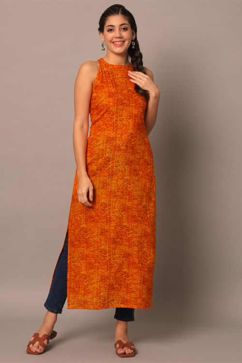 Orange Cotton Kurti With Printed Work For Casual Wear