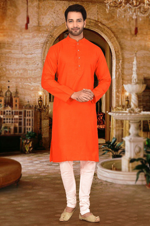 Orange Churidar Sangeet Men Kurta Pajama in Cotton