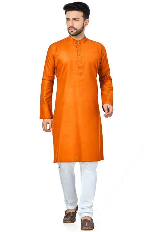 Orange Cotton Plain Men Kurta Pajama