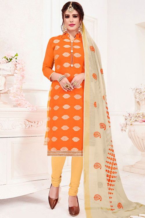 Orange Cotton Silk Woven Zari Churidar Suit