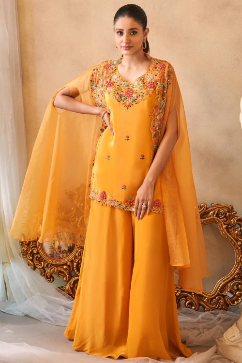 Orange Crepe Sharara Suit with Sequins Work for Diwali Party