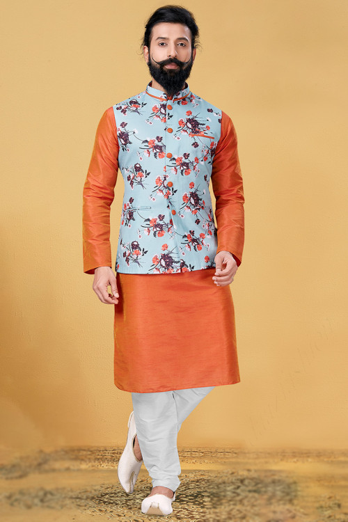 Buy Jacket Style Orange Printed Kurta Pajama Online for Men in USA