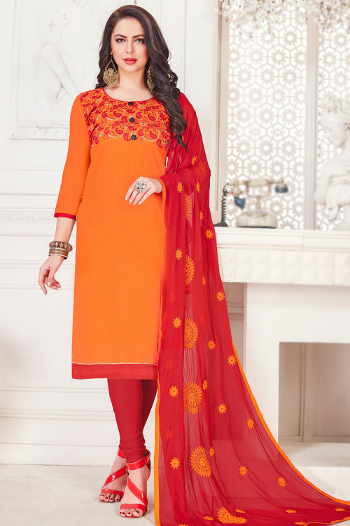Orange Embroidered Cotton Casual Wear Churidar Suit 