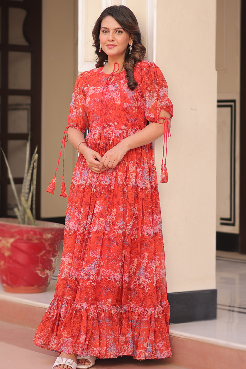 Orange Georgette Gown With Printed Work For Casual Wear