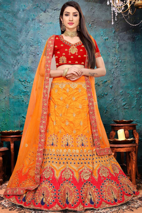 Orange Indian Wear Art Silk Floor Length Lehenga
