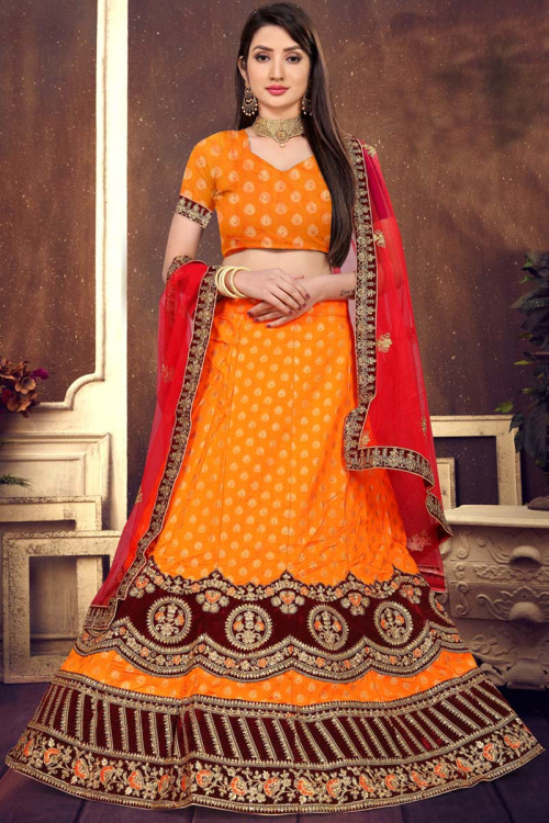 Orange Indian Wear Zari Embroidered Brocade Lehenga