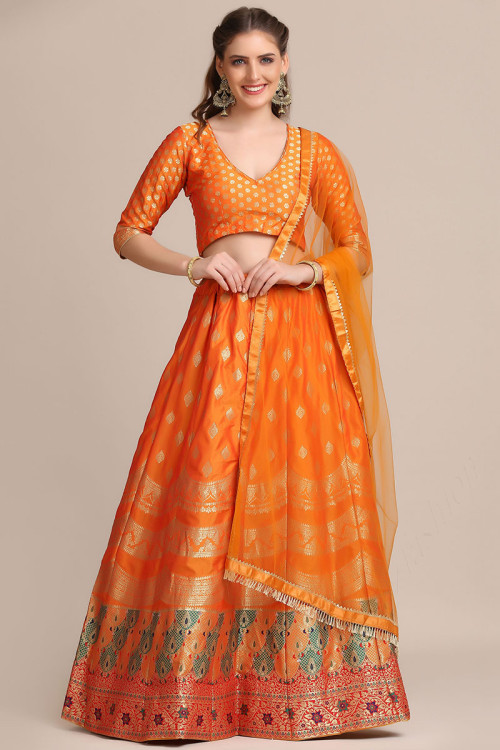 Jacquard Lehenga in Orange colour for Sangeet
