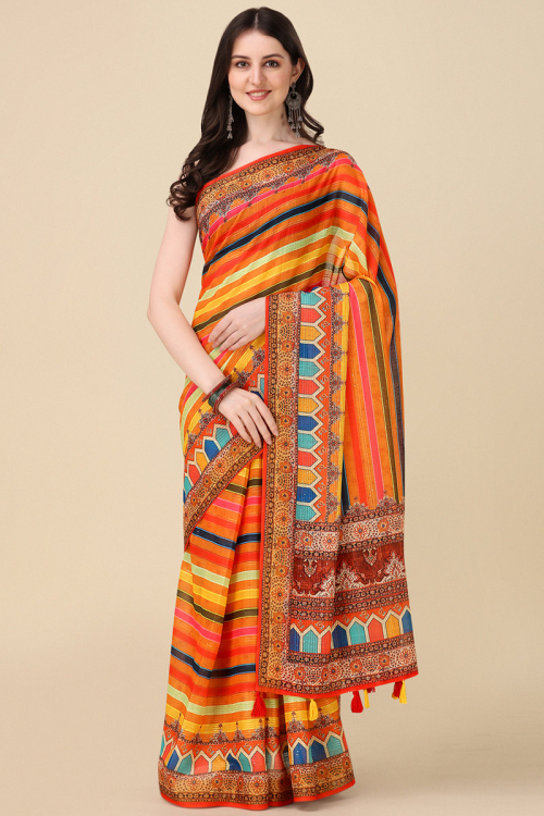 Orange Linen Printed Casual Wear Saree