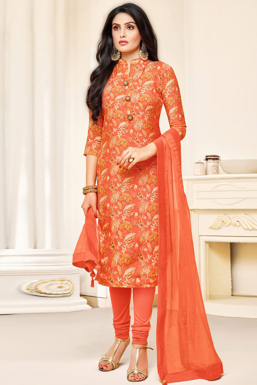 Orange Muslin Silk Indian Wear Churidar Suit