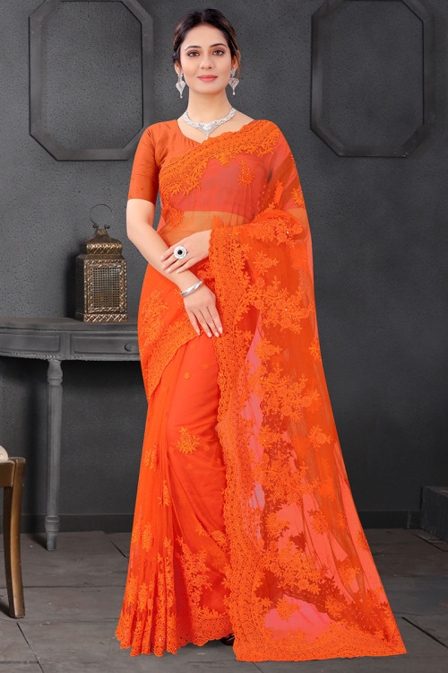 Orange Net Embroidered Wedding Wear Saree