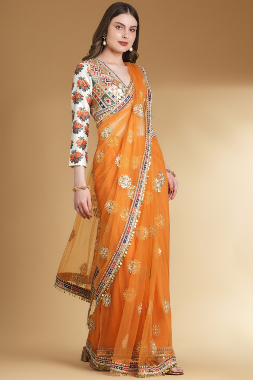Orange Net Saree With Cutdana Embroidered For Festival 