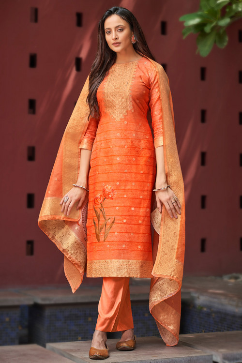 Orange Printed Chanderi Suit With Straight Pants 