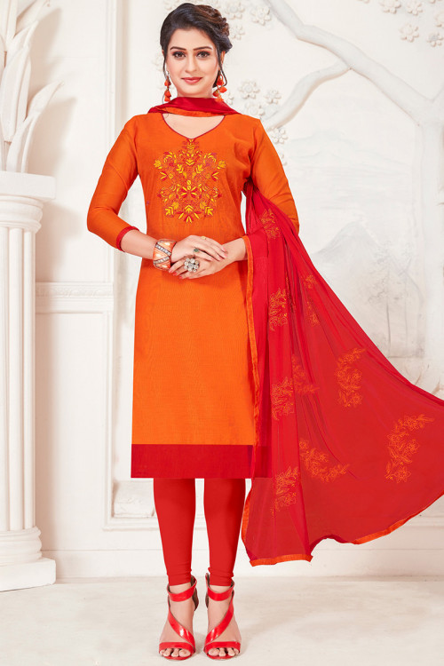 Orange Resham Thread Embroidered Casual Wear Churidar Suit 