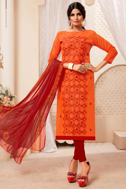 Orange Resham Thread Embroidered Cotton Silk Legging Suit
